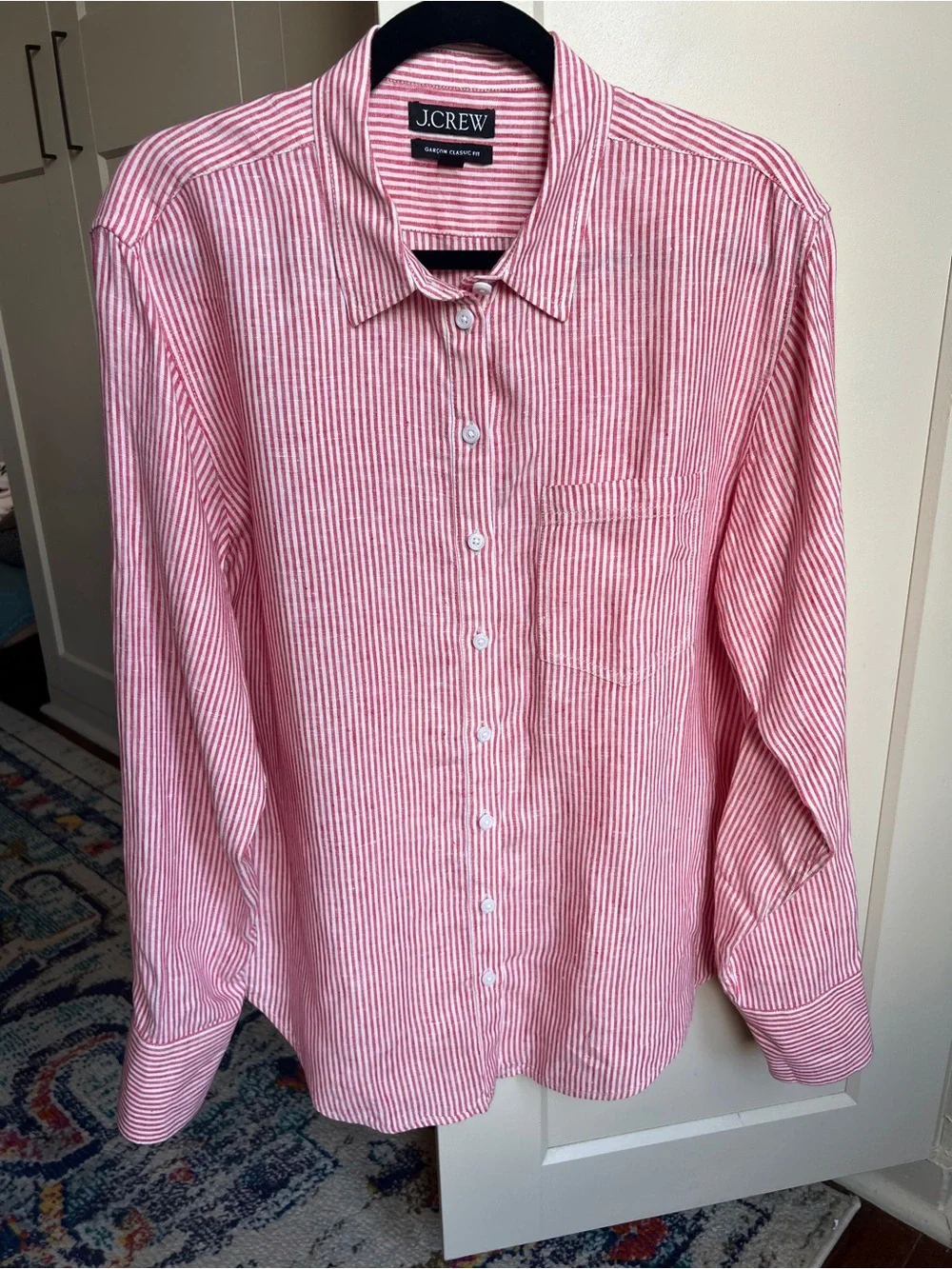 J.Crew Garçon Classic Fit Linen Shirt in Red Seersucker Stripe - Size 10